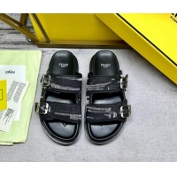 Unique Style Fendi Denim Flat Slides Sandal with Buckle Black 813126