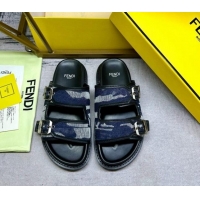 Purchase Fendi Denim Flat Slides Sandal with Buckle Dark Blue 813127