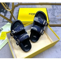 Purchase Fendi Denim Flat Slides Sandal with Buckle Dark Blue 813127