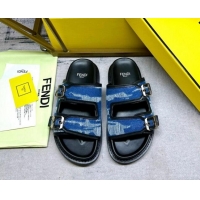 Grade Quality Fendi Denim Flat Slides Sandal with Buckle Blue/Black 813128