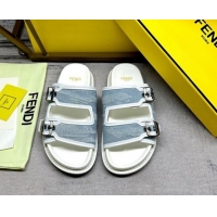 Best Grade Fendi Denim Flat Slides Sandal with Buckle Pale Blue 813130