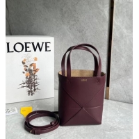 Top Quality Loewe Mini Puzzle Fold Tote Bag in shiny calfskin L0051 Dark Burgundy 2024