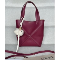 Top Grade Loewe Mini Puzzle Fold Tote Bag in patchwork calfskin L0051 Crimson Red (With Charm) 2024