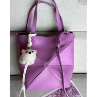 Best Price Loewe Mini Puzzle Fold Tote Bag in shiny calfskin L0051 Rockrose Purple (With Charm) 2024