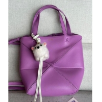 Best Price Loewe Mini Puzzle Fold Tote Bag in shiny calfskin L0051 Rockrose Purple (With Charm) 2024