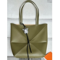 Top Grade Loewe Medium Puzzle Fold Tote Bag in shiny calfskin L0059 Olive Green (With Charm) 2024