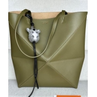 Top Grade Loewe Medium Puzzle Fold Tote Bag in shiny calfskin L0059 Olive Green (With Charm) 2024