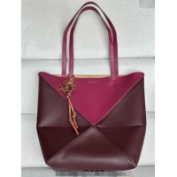 Super Quality Loewe Medium Puzzle Fold Tote Bag in patchwork calfskin L0059 Burgundy/Red 2024 (No Charm)