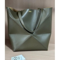 New Style Loewe Large Puzzle Fold Tote Bag in shiny calfskin L0066 Khaki Green 2024