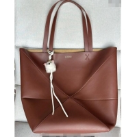 Well Crafted Loewe Large Puzzle Fold Tote Bag in shiny calfskin L0066 Brown 2024 (No Charm)