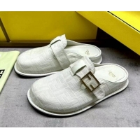 Good Quality Fendi Feel Flat Mules in FF fabric with Baguette Strap White 813133