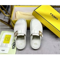 Good Quality Fendi Feel Flat Mules in FF fabric with Baguette Strap White 813133