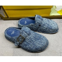 Good Quality Fendi Feel Flat Mules in FF Denim with Baguette Strap Blue 813134