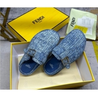 Good Quality Fendi Feel Flat Mules in FF Denim with Baguette Strap Blue 813134