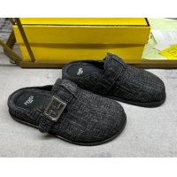 Pretty Style Fendi Feel Flat Mules in FF Denim with Baguette Strap Black 813135