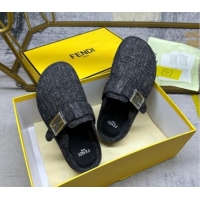 Pretty Style Fendi Feel Flat Mules in FF Denim with Baguette Strap Black 813135