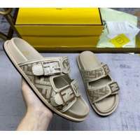 Popular Style Fendi Feel Flat Slides Sandal in FF chenille Fabric with Baguette Strap Dove Grey 813137