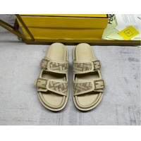 Popular Style Fendi Feel Flat Slides Sandal in FF chenille Fabric with Baguette Strap Dove Grey 813137