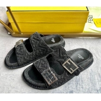 Unique Style Fendi Feel Flat Slides Sandal in FF Denim with Baguette Buckle Black 813138