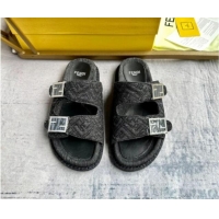 Unique Style Fendi Feel Flat Slides Sandal in FF Denim with Baguette Buckle Black 813138