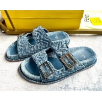 Top Design Fendi Feel Flat Slides Sandal in FF Denim with Baguette Buckle Light Blue 813139