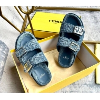 Top Design Fendi Feel Flat Slides Sandal in FF Denim with Baguette Buckle Light Blue 813139