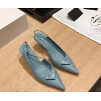 Good Quality Prada Brush Leather Wedge Slingback Pumps 6.5cm Light Blue 081057