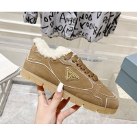 Top Design Prada Faded suede sneakers with Wool Lining Camel Brown 081067