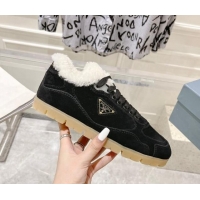 Best Price Prada Faded suede sneakers with Wool Lining Black 081068