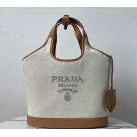 Top Quality Prada Linen blend and leather Medium buckle tote bag 1BG471 2024