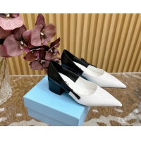 Stylish Prada Patchwork Brushed Leather Pumps 6cm with Bow White/Black 812025