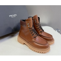 Shop Duplicate Prada Leather lace-up Ankle Boots 3.5cm Cognac Brown 812037