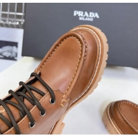 Shop Duplicate Prada Leather lace-up Ankle Boots 3.5cm Cognac Brown 812037