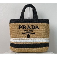 Most Popular Prada Large Crochet Raffia-effect Tote Bag 1BG392 Khaki/Black 2024