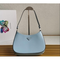 Luxury Cheap Prada Cleo Brushed Leather Hobo Bag 1BC499 Celeste Blue 2024