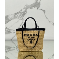 Top Grade Prada Small crochet straw and leather tote bag 1BG500 Dark Beige/Black 2024