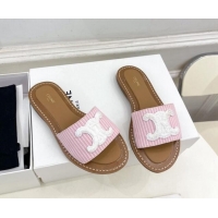 Best Grade Celine Lympia Flat Slides Sandal in Striped Canvas Pink 813043