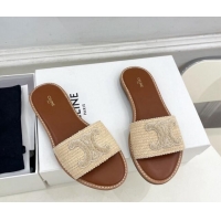 Good Quality Celine Lympia Flat Slides Sandal in Raffia Straw Beige 813048