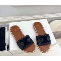 Good Looking Celine Lympia Flat Slides Sandal in Raffia Straw Black 813052