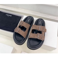 Pretty Style Celine Suede Flat Slides Sandal with Double Buckle Strap Brown 813053