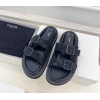 Shop Duplicate Celine Suede Flat Slides Sandal with Double Buckle Strap Black 813054