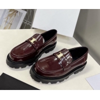 Most Popular Celine Shiny Calfskin Platform Loafers 3.5cm with Triomphe Logo Dark Burgundy 903052