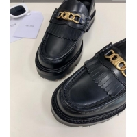 Buy Luxury Celine Margaret Loafers 3.5cm with Fringe and Triomphe Chain in Polished Calfskin Black 903054