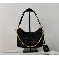 Luxury Discount Prada Re-edition crochet Raffia-effect mini bag 1BC204 Black 2024