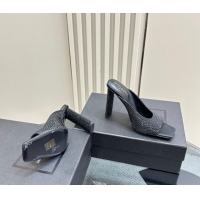 Luxury Cheap Saint Laurent SEPT Mules in Satin Crepe and Rhinestones 11cm Heel Black 082926