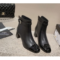 Perfect Chanel Calfskin & Patent Heel Ankle Boots with Pearls Buckle Black 909035