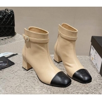 Trendy Design Chanel Calfskin Heel Ankle Boots with Pearls Buckle Beige 909037