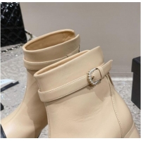 Trendy Design Chanel Calfskin Heel Ankle Boots with Pearls Buckle Beige 909037