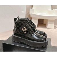 Pretty Style Chanel Quilted Patent Calfskin Leather Lace-up Platform Ankle Boots Black 0909041