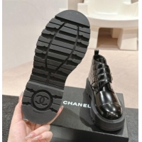 Pretty Style Chanel Quilted Patent Calfskin Leather Lace-up Platform Ankle Boots Black 0909041